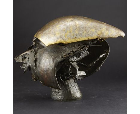 Abstract Brutalist metal sculpture with curving elements and various surface textures. The sculpture is not signed. Note: Por