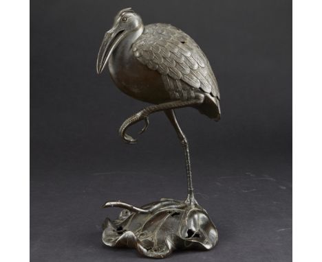 Japanese Meiji bronze censer in the shape of a crane on a lily pad. Wings lift off the crane to reveal a cavity in which to b