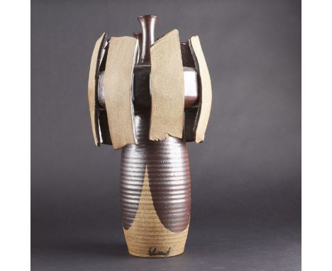 Joel Edwards. Triple-mouthed ceramic vase with decorative strips.Note: Portion of the proceeds from this lot will be donated 