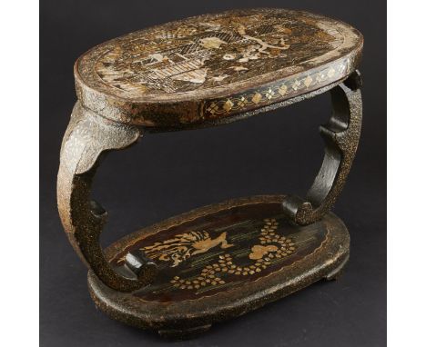 Korean Joseon dynasty stool, inlaid with mother-of-pearl. Height: 13 in. x length: 18 1/2 in. x width: 9 1/4 in.