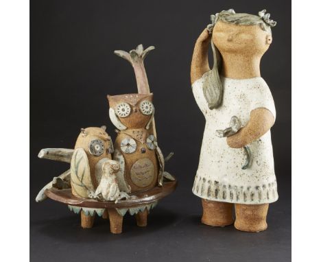 Hoshiko Kusudo. Group of two ceramic sculptures, one  depicting a girl with flowers and one depicting a family of owls.Note: 