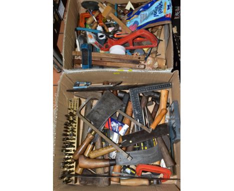 TWO TRAYS CONTAINING MODERN HANDTOOLS, including tool makers clamp, screwdrivers, fret saw, hack saw, a Chesterman steel rule
