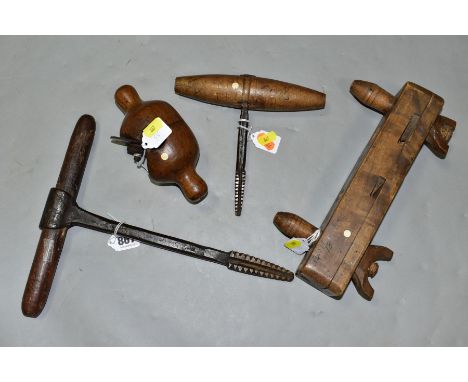 VINTAGE WOOD THREADING TOOLS, including a wood screwbox with two thread sizes, an oak dowd plane and two threading taps (4)