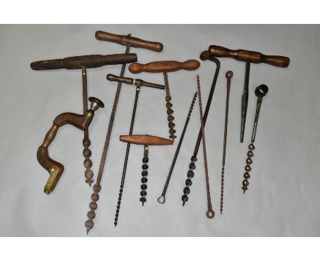 A SELECTION OF VINTAGE WOOD BORING TOOLS, including an oak brace, five T-Auger, a T reamer and other auger bits (one box)