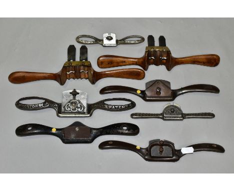 A TRAY CONTAINING EIGHT SPOKESHAVES, including two fruitwood Ovolo Sash Shaves (one left hand and one right hand), three meta