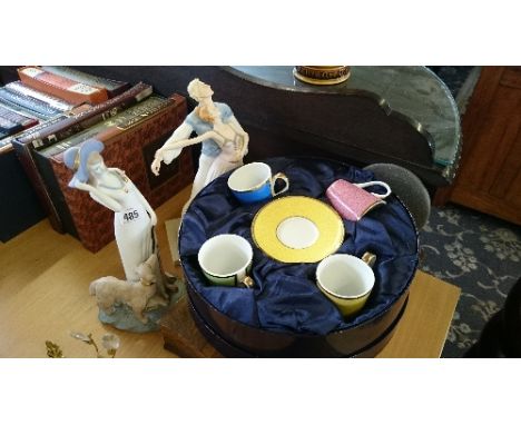 Two modern Bisque china figure ornaments together with a Royal Worcester HRH 80th Birthday four piece coffee set and a cantee