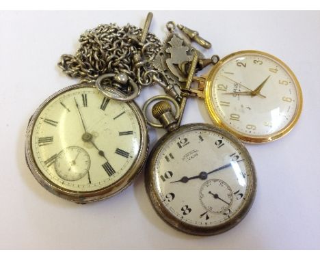 A silver cased pocket watch together with two silver chains and a fob (52.3 grams) together with two other pocket watches.