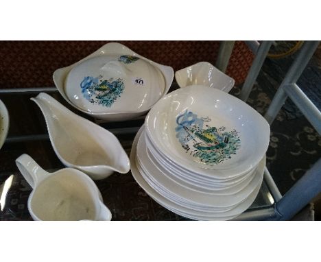 The residue of a Midwinter Stylecraft china dinner service decorated in the Fishing Boat pattern.
