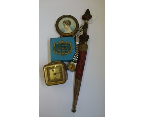 A miniature enamel Bilston & Battersea pill box in original box together with a framed and glazed miniature, clock, watch and