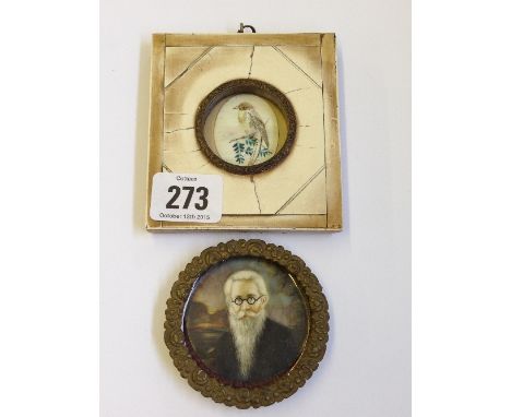 A circular miniature portrait on ivory of a Bearded Gent together with a miniature ivory of a Bird.