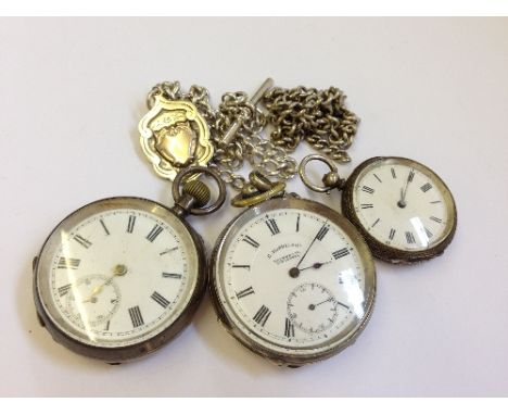 A silver cased open faced pocket watch by E. Harris, Liverpool on silver chain with fob (latter 39 grams approx.) together wi