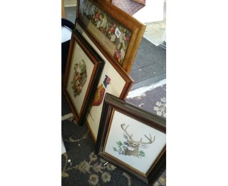 Four various framed and glazed tapestry pictures.