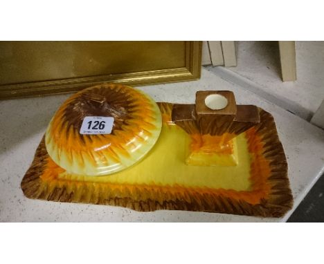 An Art Deco hand painted Myott & Son sandwich tray together with a matching powder bowl and candlestick, decorated in tones o