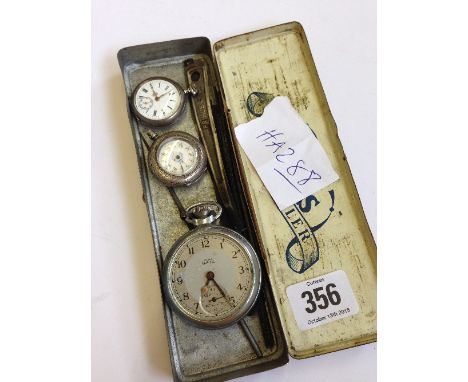 Two ladies' fob watches together with a chrome cased pocket watch and other items.