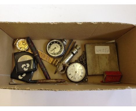 A silver cased pocket watch together with a silver plated cigarette case, teaspoon and other items.