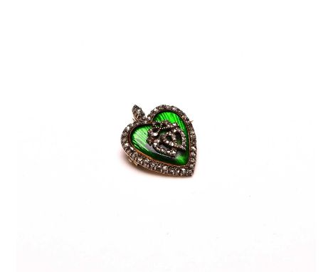 A late 19th/early 20th century rose cut diamond and green enamel heart shaped brooch/pendant, the green enamel heart set with