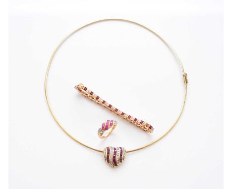 A suite of untested ruby and diamond set jewellery, comprising; a heart shaped cluster pendant on chain, stamped '14k', a lin