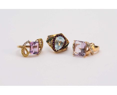 An amethyst, diamond and yellow sapphire ring, stamped '14k 585', size N 1/2, together with an amethyst and diamond ring, sta