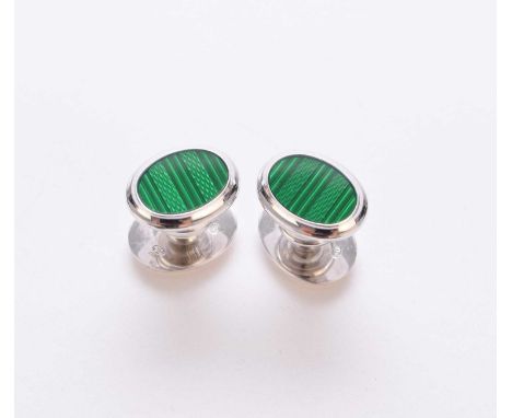 A pair of Dunhill silver and green enamel cufflinks, each with oval green enamel engine turned plaque, total weight approx 21