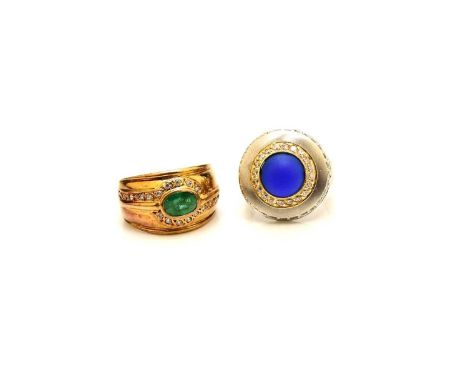 An emerald set dress ring, the yellow metal shank stamped '18ct', ring size Q, weight approx 9.2g, together with a white meta