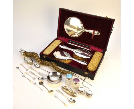 A small collection of silver wares, to include; a cased six piece dressing table set comprising; a hand mirror, two hair brus