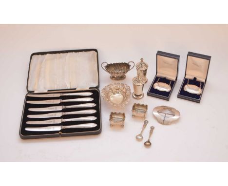 A small collection of silver, comprising; a pair of small salts with crimped rims, Hukin &amp; Heath Birmingham 1892, a pair 