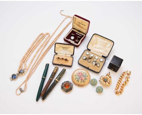 A collection of jewellery and costume jewellery, to include, a pair of 9ct rose gold cufflinks with bright cut engraved flora