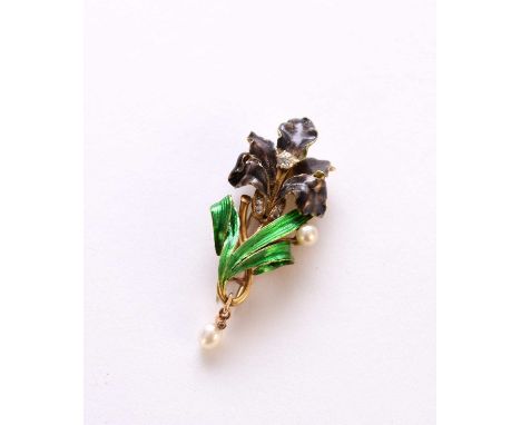 A diamond, seed pearl and enamel flower brooch, the stylised Iris with purple-grey enamel petals set with central old cut dia
