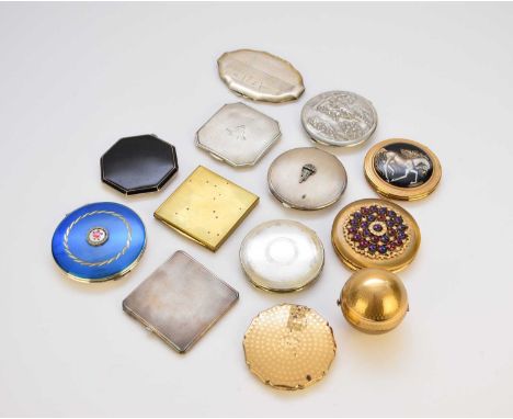 A collection of silver and gilt metal compacts, comprising; a silver Art Deco circular engine turned example with marcasite s