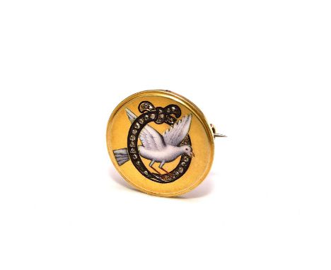 A diamond and enamel dove brooch, the circular yellow metal brooch with central enamelled dove motif within graduated rose cu