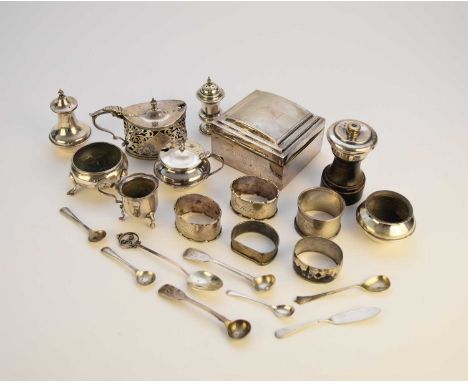 A small collection of silver, comprising; a navette shaped pierced silver mustard, Mappin &amp; Webb, Birmingham 1911, with g