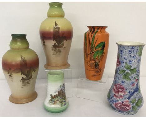 5 ceramic vases by Shelley.Comprising: pair of scenery vases depicting boats, an "Old England" by Eric Slater small vase, a f