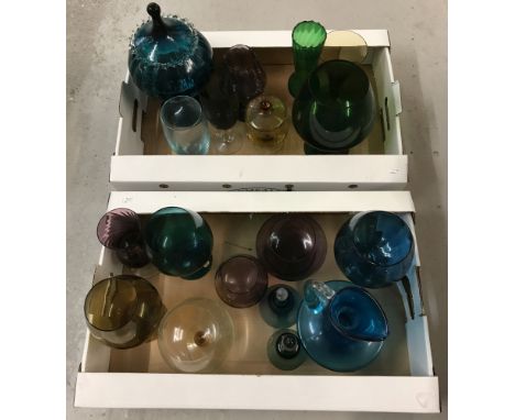 A large collection of vintage coloured glass items.To include: vases, decorative brandy glasses, ornamental bells and lidded 