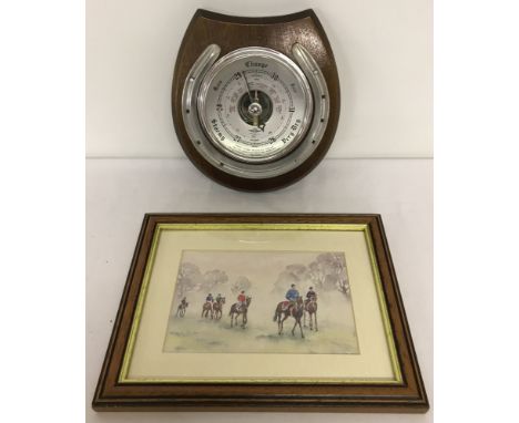 A small vintage barometer mounted on wood.With metal horseshoe detail.  Together with a small framed &amp; glazed print of ho