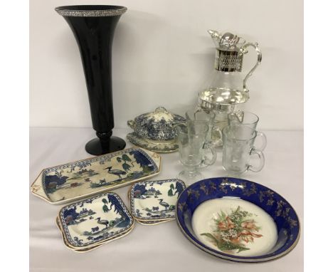 A box of mixed ceramics and glassware.To include Woods Burslem sandwich tray and 5 small plates in "Machau" design, a blue an