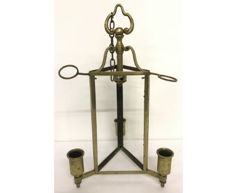 A vintage brass triangular pendant light.Total height approx. 50cm.