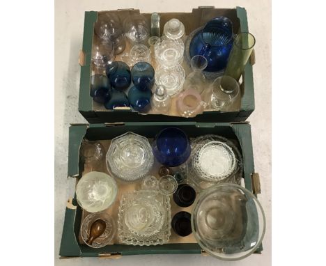 A large collection of vintage and modern glassware.To include coloured glass vases, crystal sundae dishes and small jug, etch
