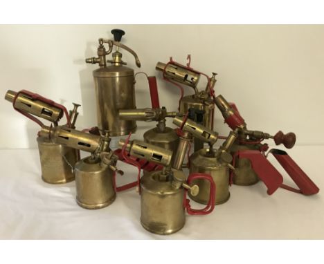 7 Vintage blowlamps together with a brass sprayer.Lamps comprising: Radius No 48, Made in Sweden, Monitor No 132, British Mad