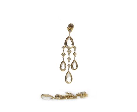 PAIR OF EIGHTEEN CARAT GOLD GEM SET CHANDELIER EARRINGSeach set with four pear shaped gems suspended from round white gem set