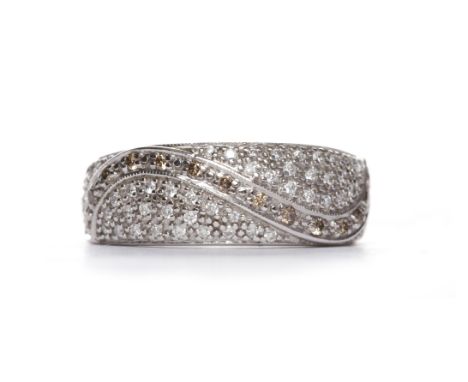 WHITE AND COLOURED DIAMOND SET BANDwith pave set white diamonds and a single undulating row of cognac coloured diamonds, 7.6m