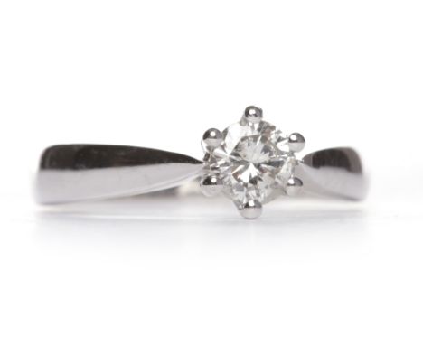 DIAMOND SOLITAIRE RINGthe six claw set round brilliant cut diamond of approximately 0.36 carats in eighteen carat white gold,