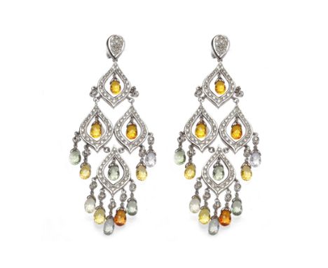 PAIR OF EIGHTEEN CARAT WHITE GOLD MULTI GEM SET CHANDELIER EARRINGSeach with four diamond set sections with suspended briolet