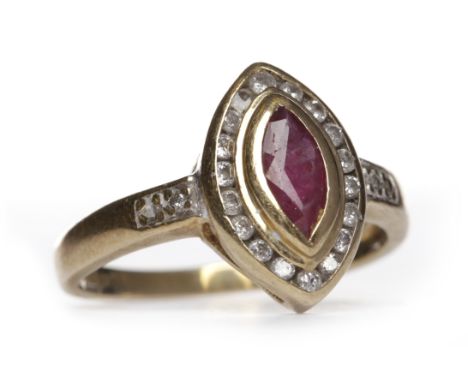 RUBY AND DIAMOND RINGthe marquise bezel set with a central ruby surrounded by diamonds, in nine carat gold, size K, 2.4g
