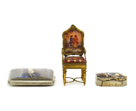 A silver plated and enamelled cigarette caseearly 20th Century, depicting an erotic dancer, 8.5cm high8cm widetogether with a