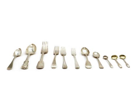 A collection of silver flatware,George I and later, to include a Scottish silver Old English pattern dessert spoon, possibly 