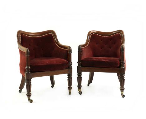 A pair of William IV mahogany tub chairs,each with a shaped back and buttoned velvet upholstery, raised on front reeded suppo