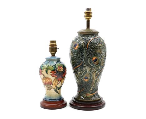 A Moorcroft pottery lamp base, late 20th century, of baluster form, 'Phoenix' pattern, designed by Rachel Bishop, with tube l