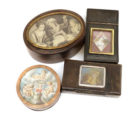 A George III tortoiseshell snuff boxEarly 19th Century, of oval form the hinged lid inset with a pencil drawing of a parlor g