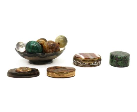 A banded agate an champleve enamel snuff box19th century, in the Palais royale style, 8cm wide6.5cm deep3cm high together wit