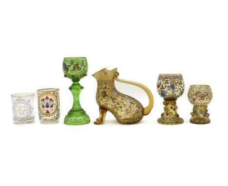 A collection of Bohemian enamelled glassware,19th century, comprising a pouring vessel in the form of an aquamanile, attribut